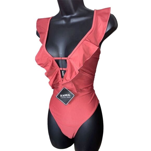 ZAFUL Women's Deep V-Neck Ruffle One Piece Swimsuit Red Size US 8 NWT - Picture 3 of 6